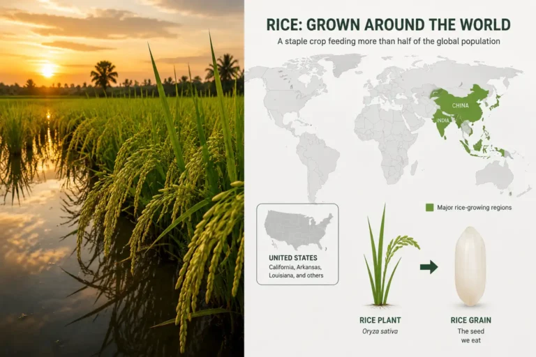 map of top rice-growing countries beside a flooded rice paddy