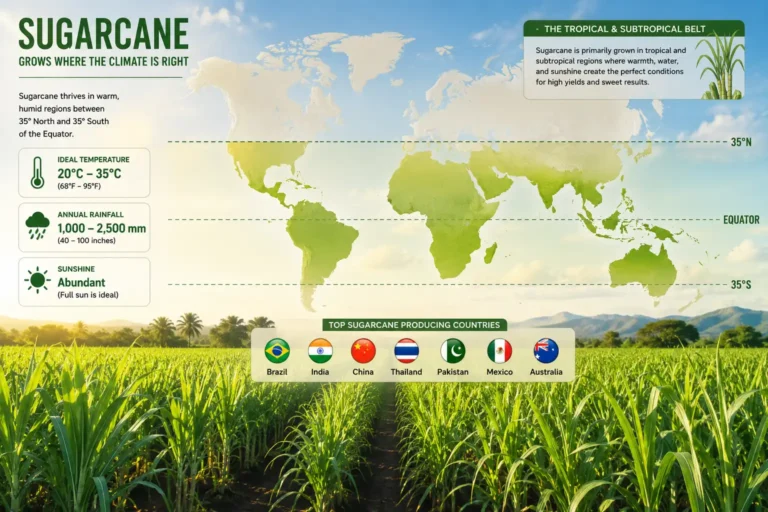 Infographic world map about where sugarcane grows, the warm belt between 35 degrees north and south, with a sunny cane field and key climate facts.