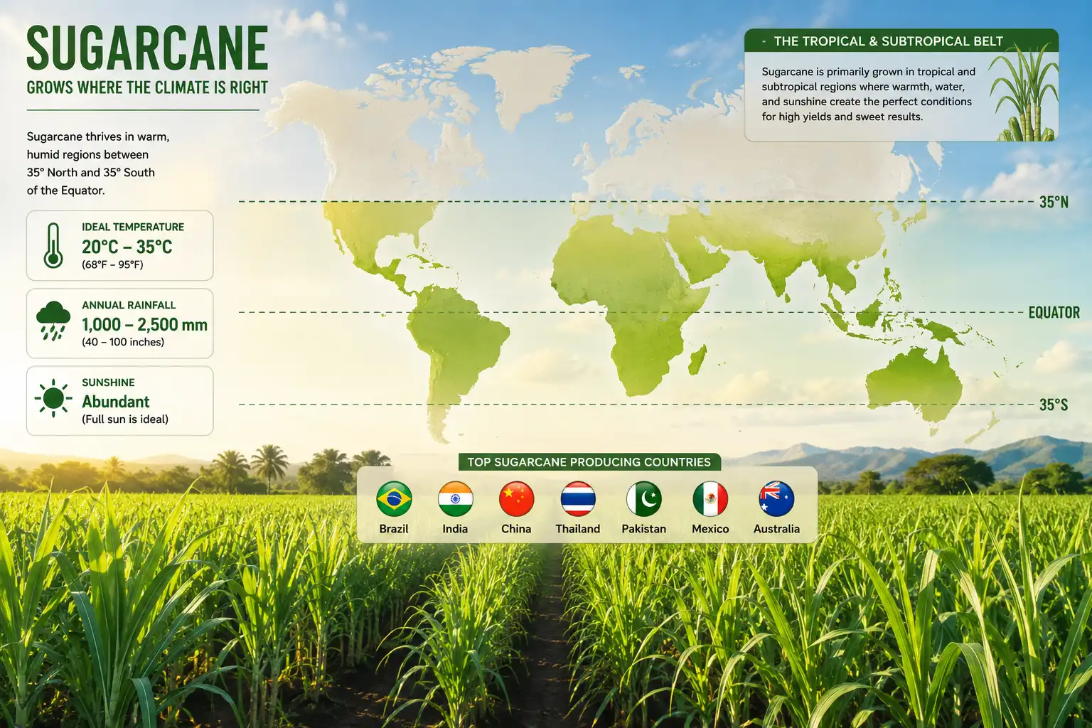 Infographic world map about where sugarcane grows, the warm belt between 35 degrees north and south, with a sunny cane field and key climate facts.