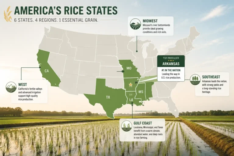 Map of rice is grown in the US, with Arkansas, California, Louisiana, Mississippi, Missouri, and Texas highlighted across four growing regions.