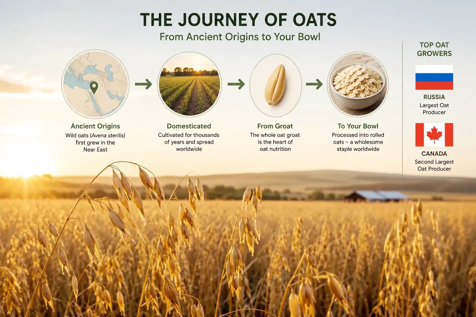 Infographic about where do oats come from, tracing Avena sativa from an oat field to a bowl of rolled oats