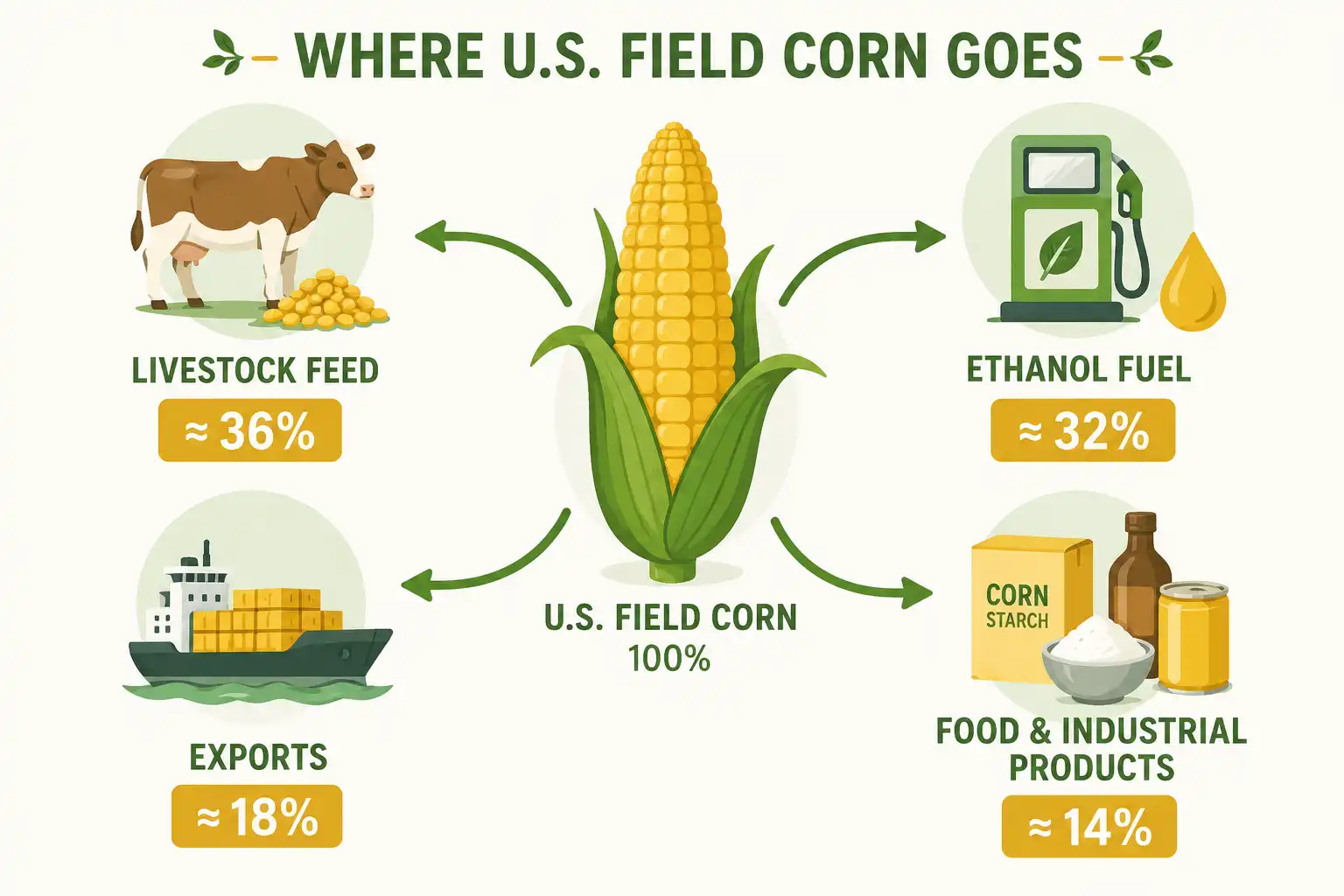 Infographic of field corn uses split across livestock feed ethanol exports and processed food and industrial products