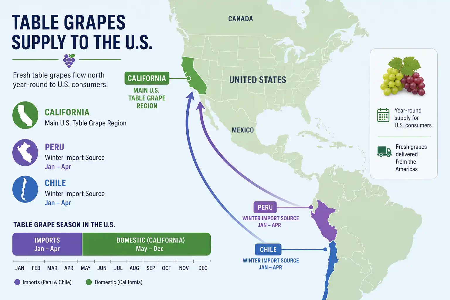 Map of California as the main US table grape region and Chile and Peru as winter import sources