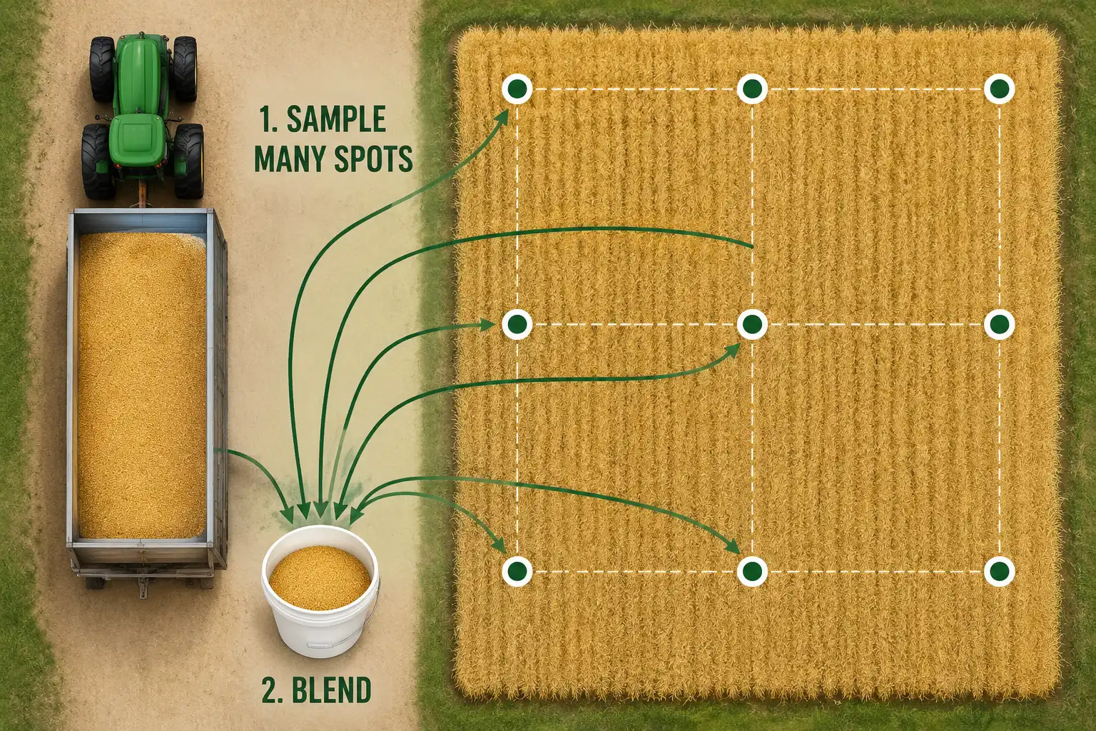 Diagram of multiple sampling points across a rice paddy load and field blended into one representative sample