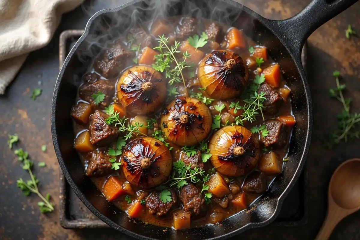 Whole boiler onions cooked and glazed in a beef stew, holding their round shape in the sauce