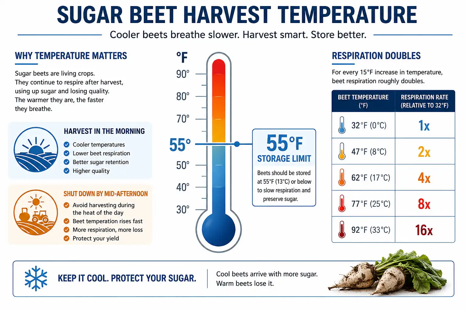 Infographic of the 55 degree storage limit and how warm sugar beets lose sugar through respiration