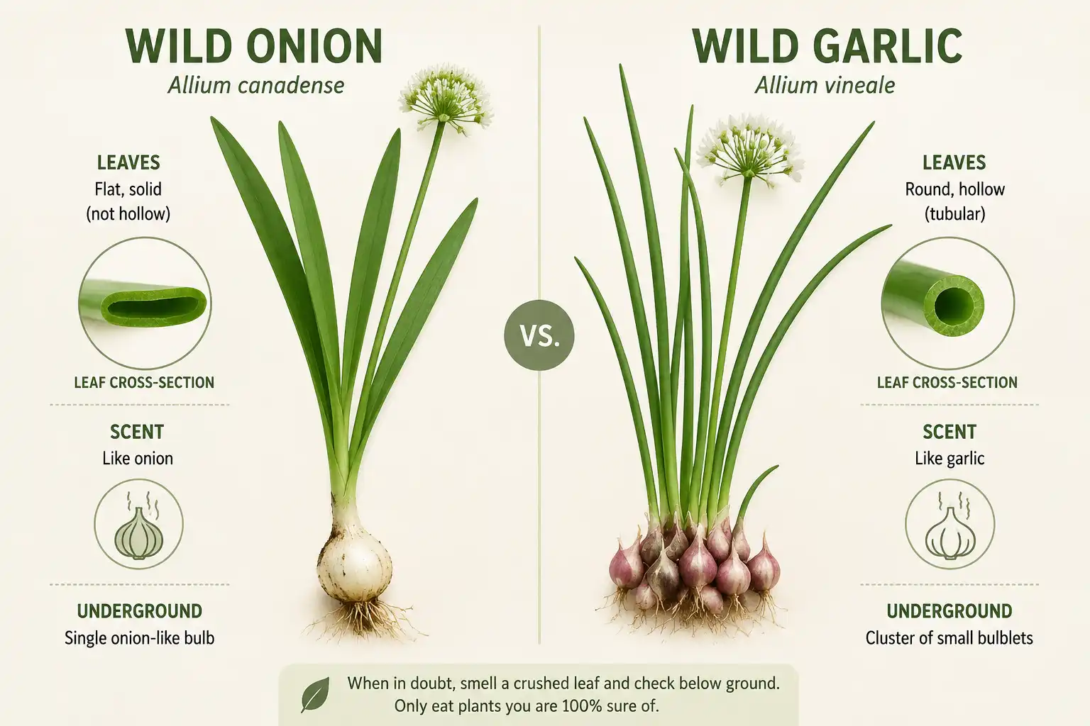 Chart comparing flat solid wild onion leaves and round hollow wild garlic leaves with their underground bulbs