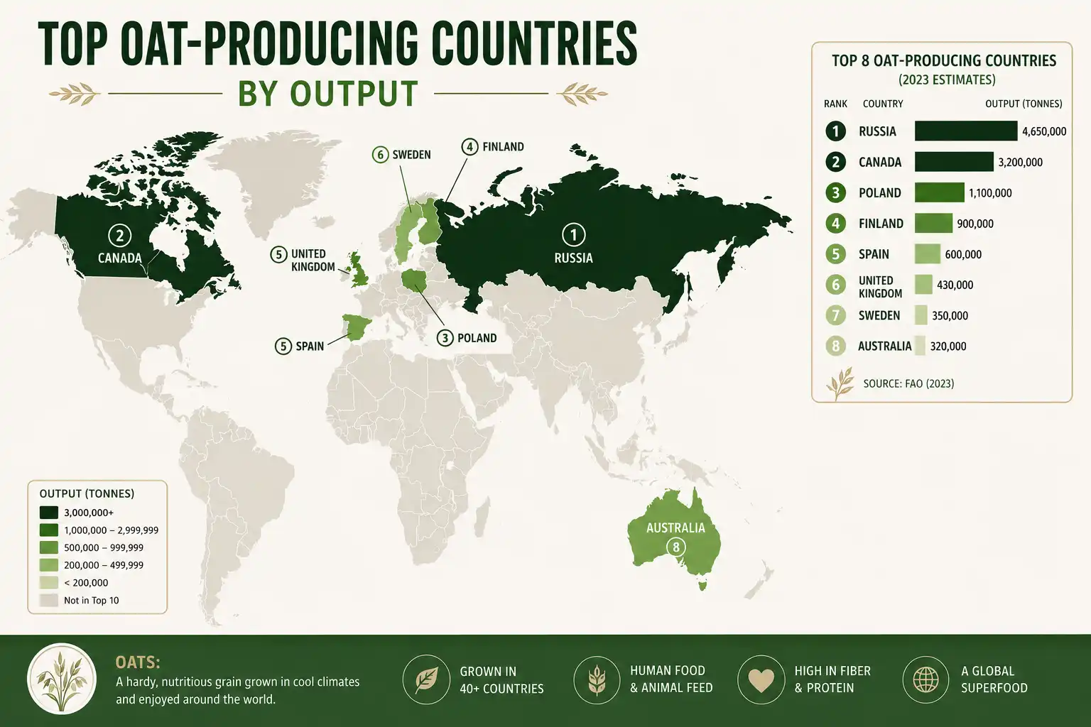 World map showing where oats are grown today, led by Russia, Canada, northern Europe, and Australia