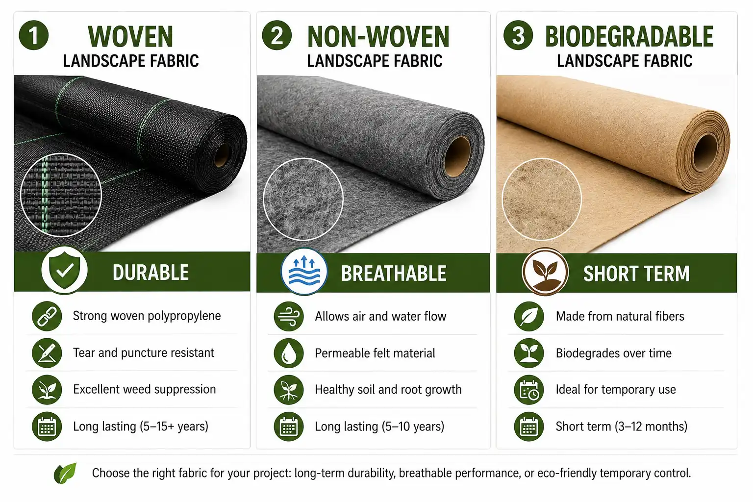 Woven, non woven, and biodegradable landscape fabric compared by durability and permeability