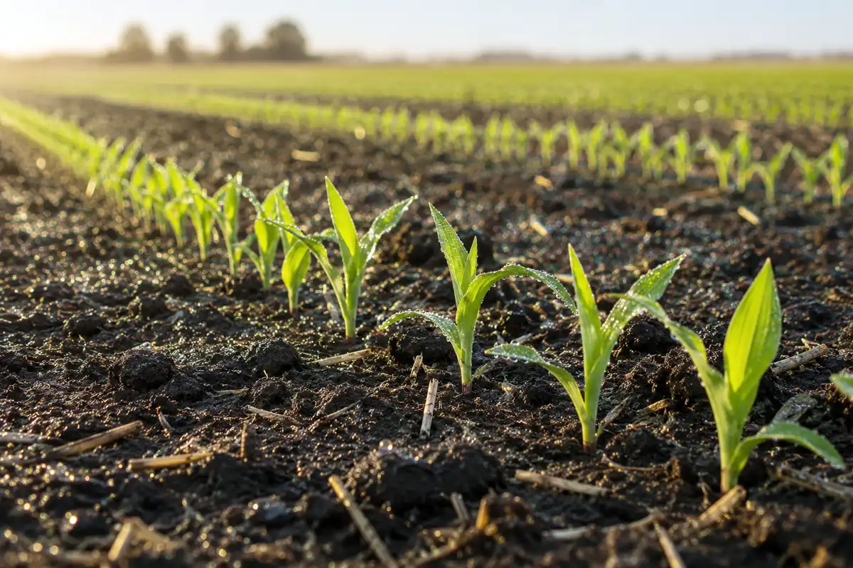 Young corn seedlings emerging evenly in a row, a healthy corn stand after planting
