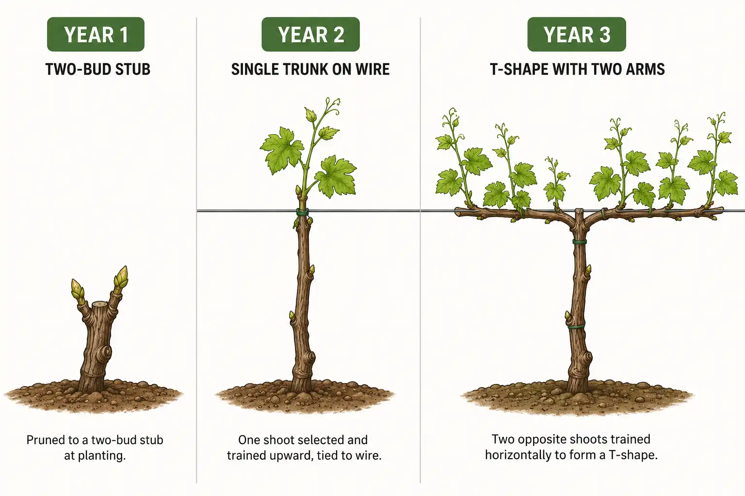 Diagram about when and how to prune young grapevines over the first three years