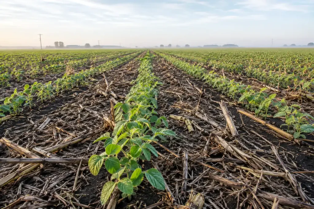 Soybean seedlings emerging through corn stalk residue in a no-till field, the classic crop to plant after corn
