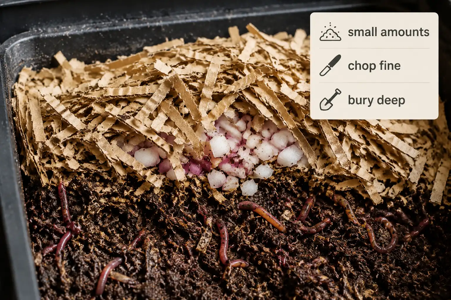 Small amount of chopped onion scraps added to a worm bin under cardboard bedding to protect the worms