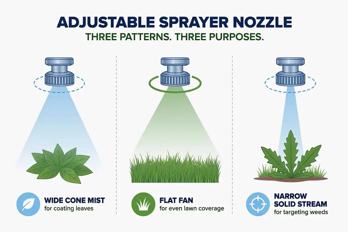 Comparison of cone, fan, and stream spray patterns from an adjustable pump sprayer nozzle