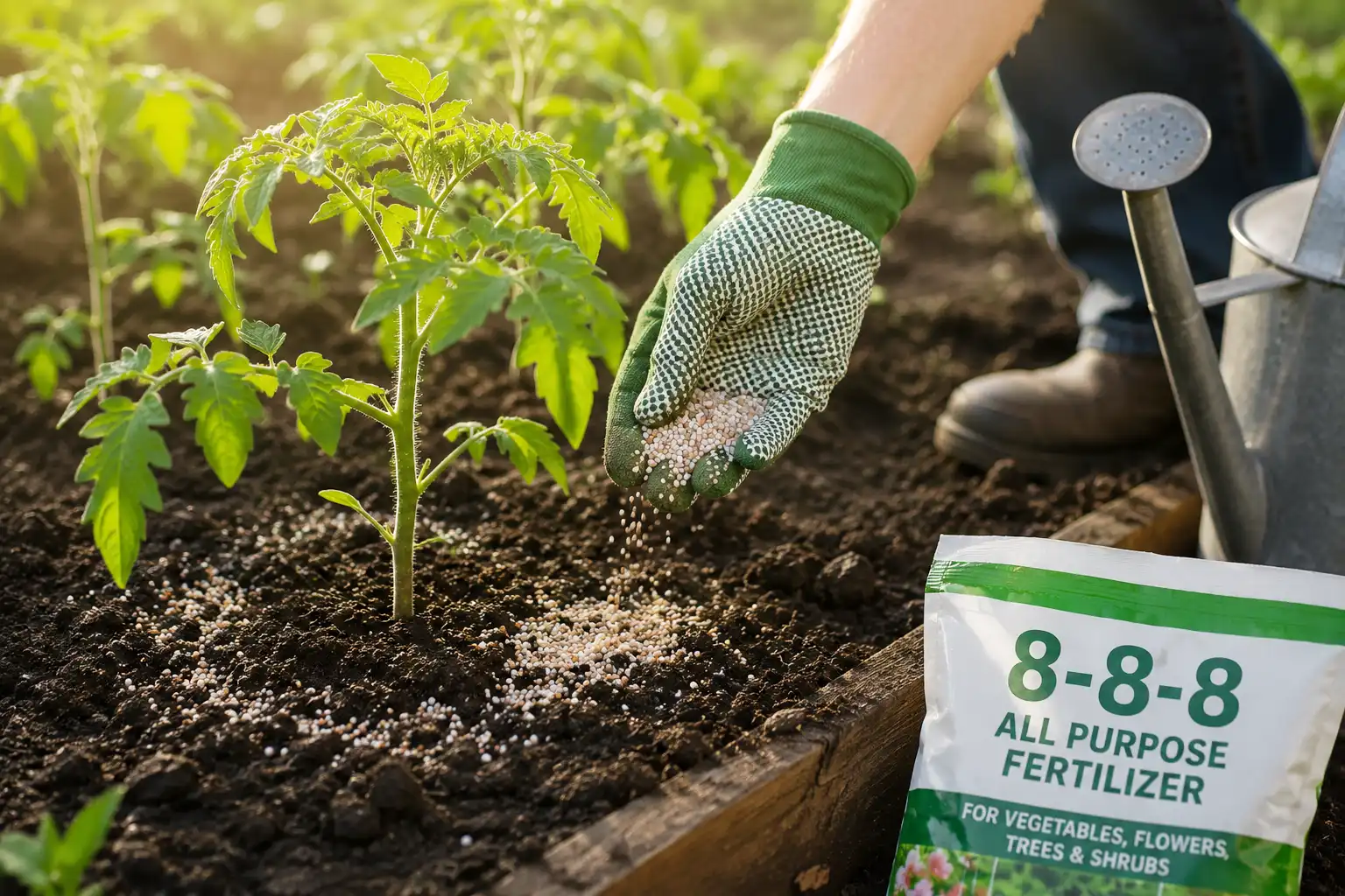 Farmer spreading 8-8-8 fertilizer around young vegetable plants before watering it in