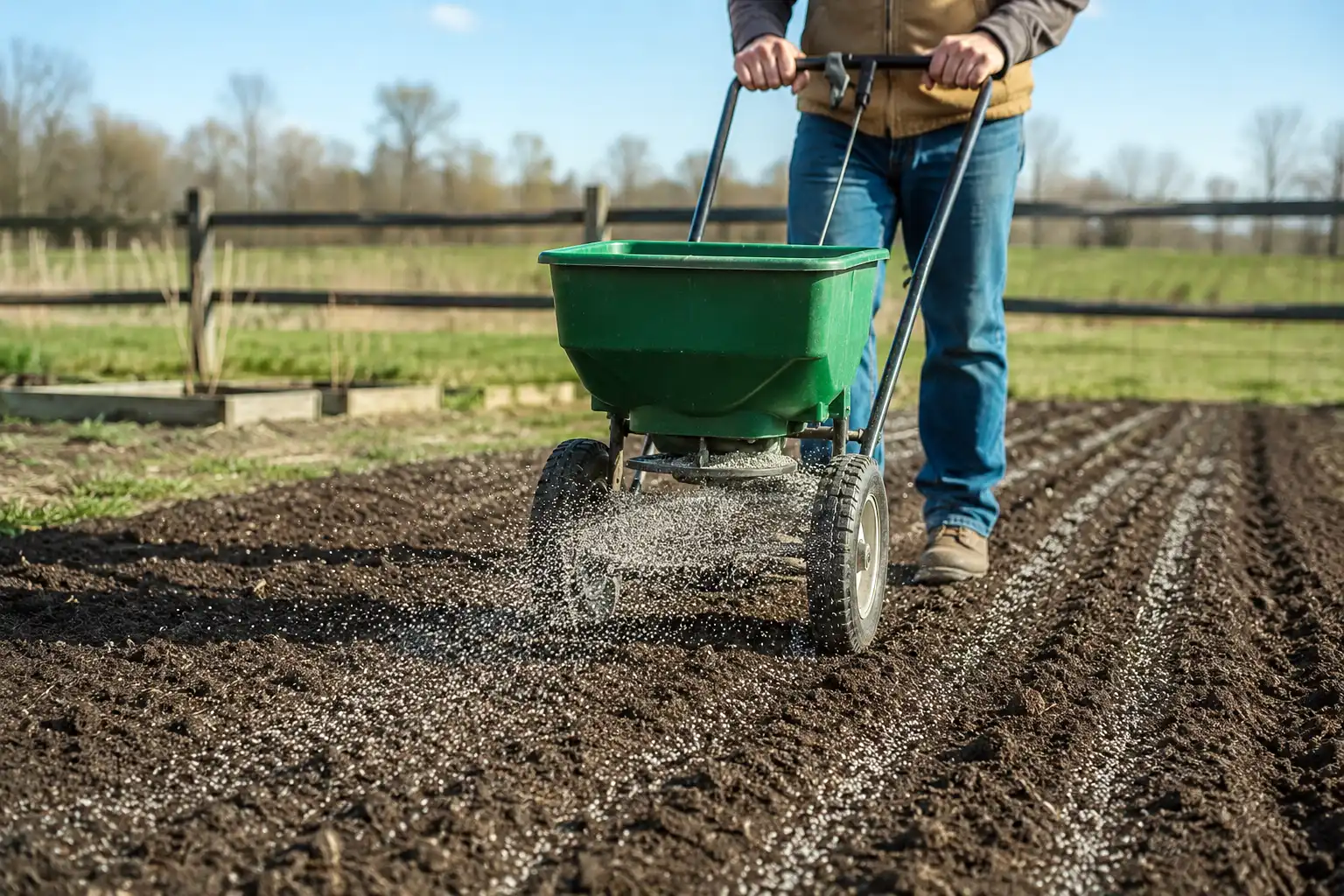 Farmer applying 15-15-15 fertilizer with a drop spreader in even rows across a prepared garden bed