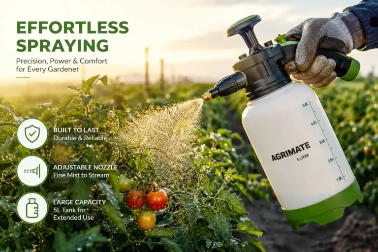 Handheld pump sprayer spraying weeds in backyard garden
