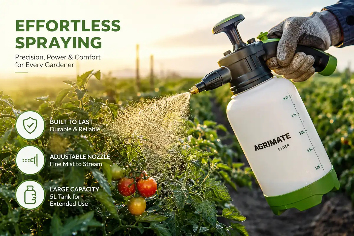 Handheld pump sprayer spraying weeds in backyard garden