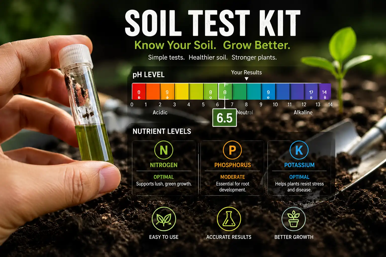 Best soil test kit options including a mail-in lab jar, chemical test tubes, pH strips, and a digital probe with a pH and NPK readout