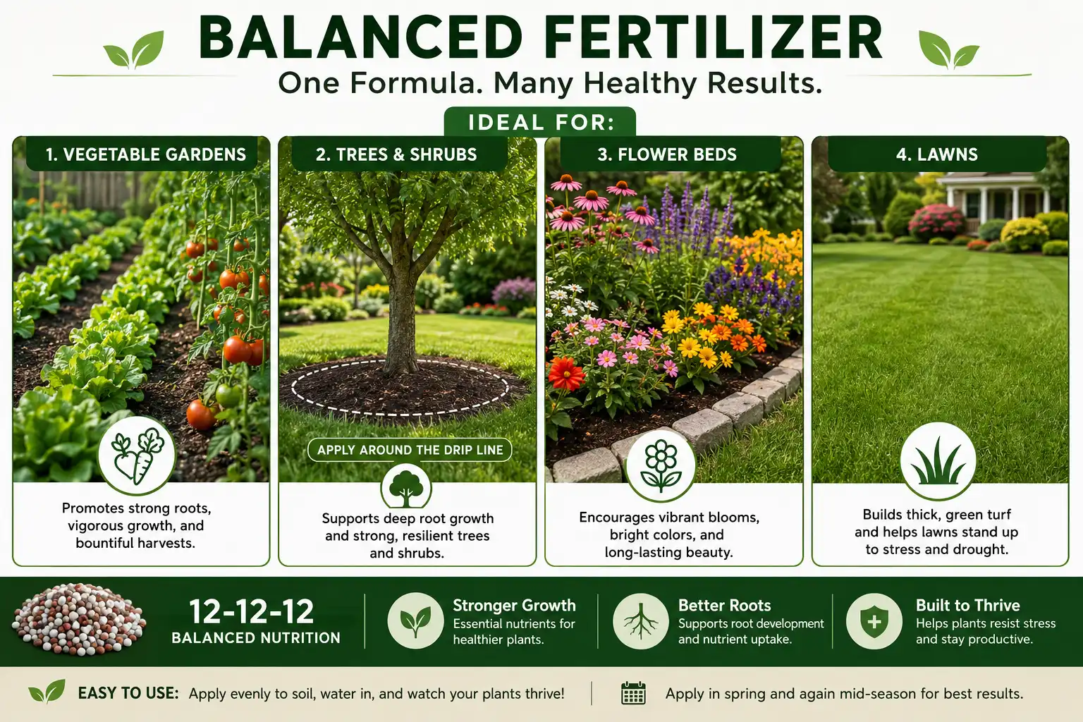 Best uses for 12-12-12 fertilizer including vegetables, trees, flower beds, and lawns