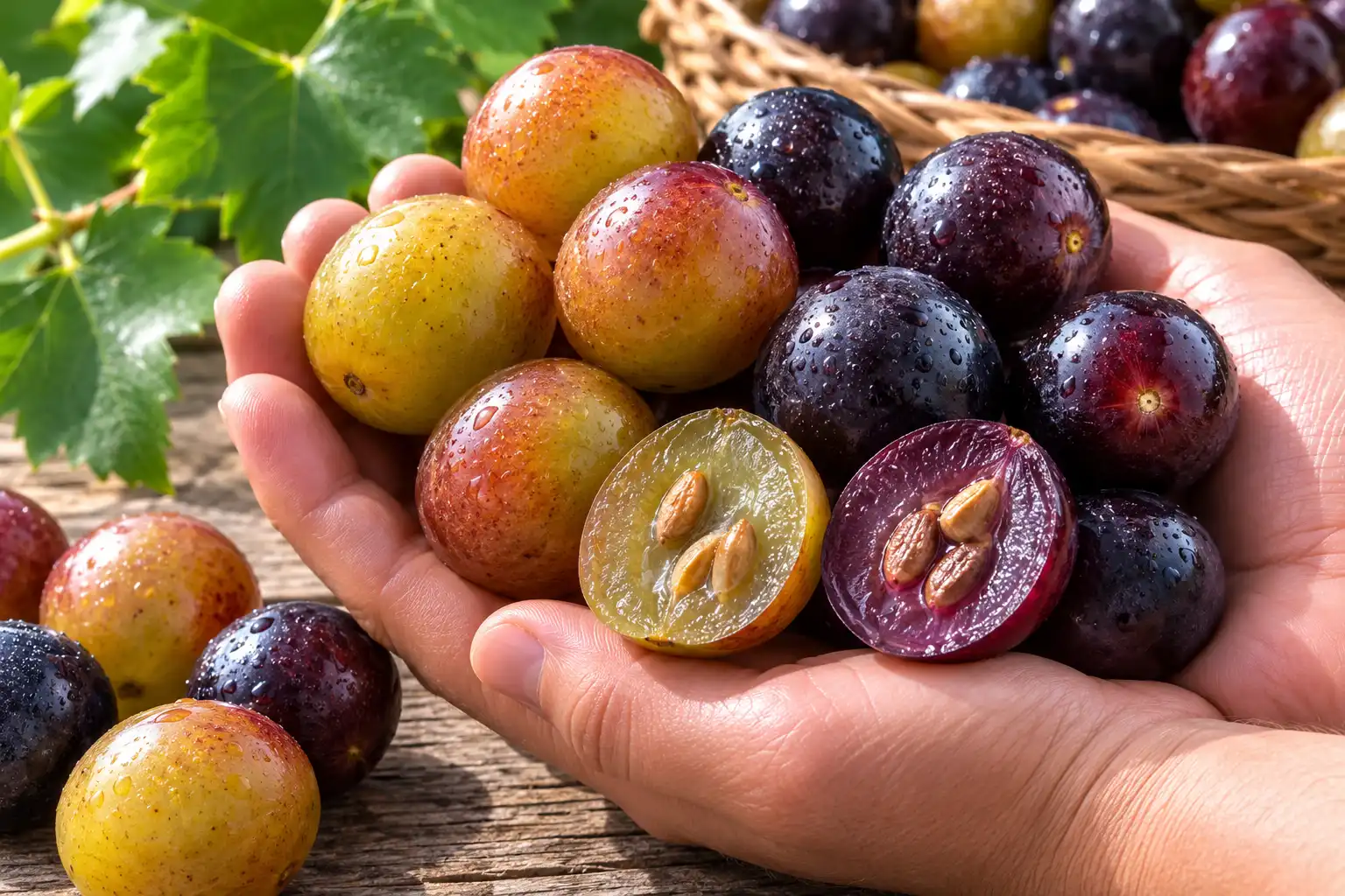 Close-up of bronze scuppernong and black muscadine grapes showing thick skins and large seeds