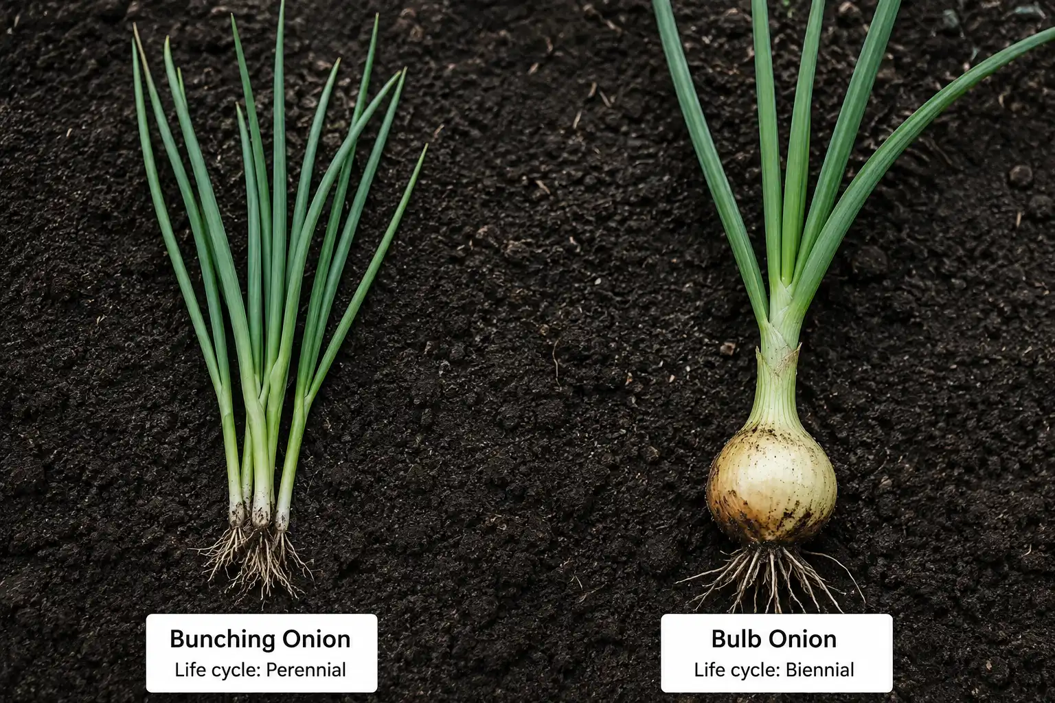 Side by side comparison of perennial bunching onion with no bulb next to a biennial bulb onion forming a round base