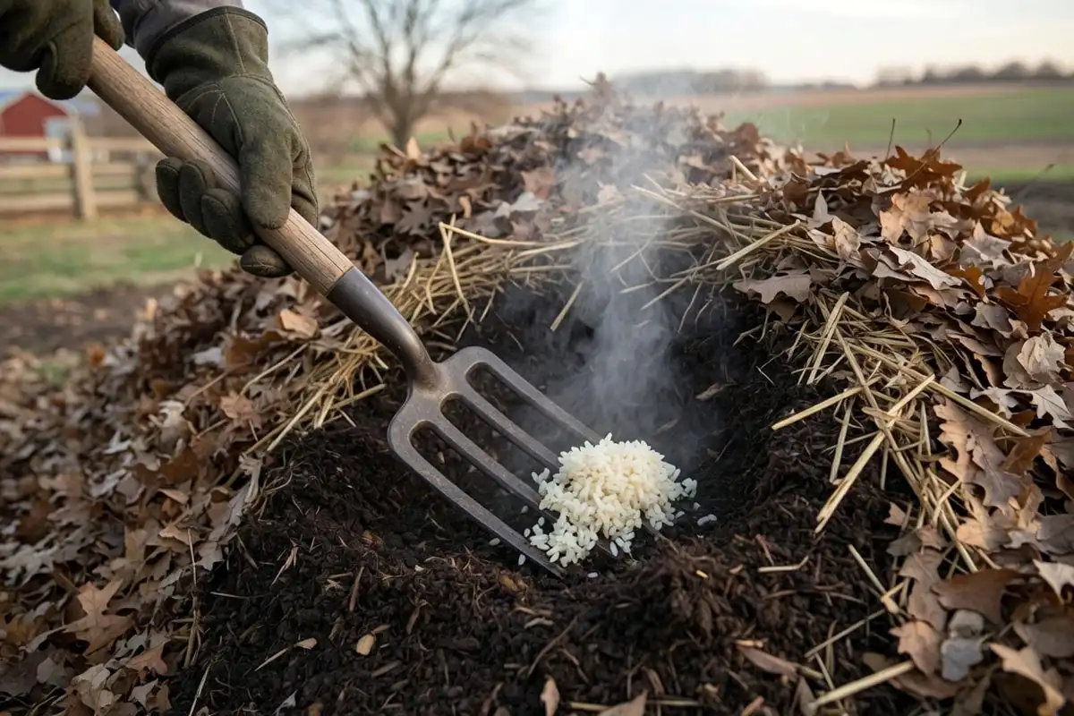 burying cooked rice deep in a hot compost pile to keep pests away