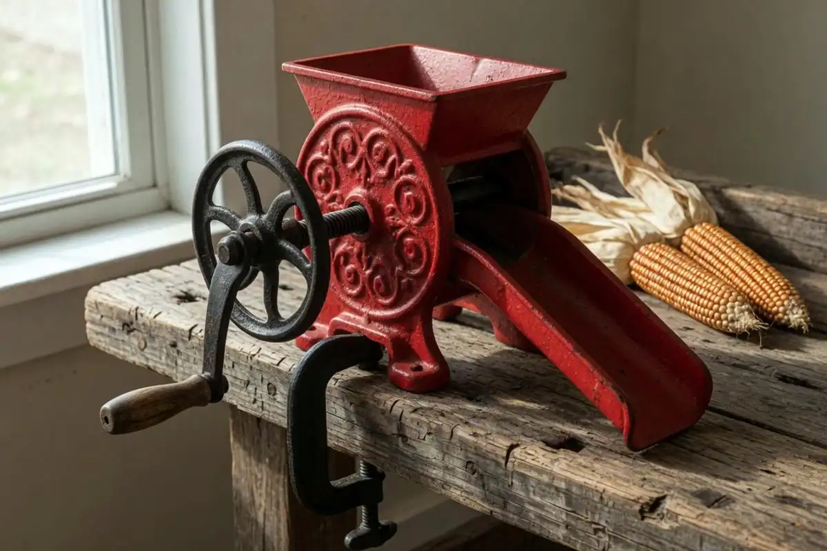 Cast iron corn sheller clamped to a workbench