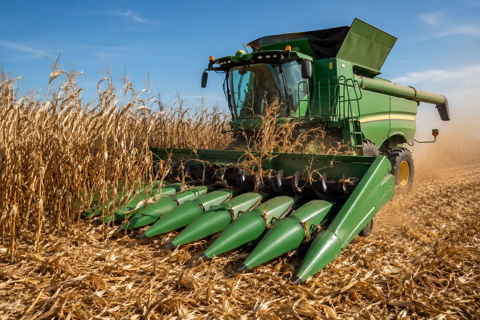 Combine harvester with a corn head snapping ears while harvesting dry field corn in Kansas