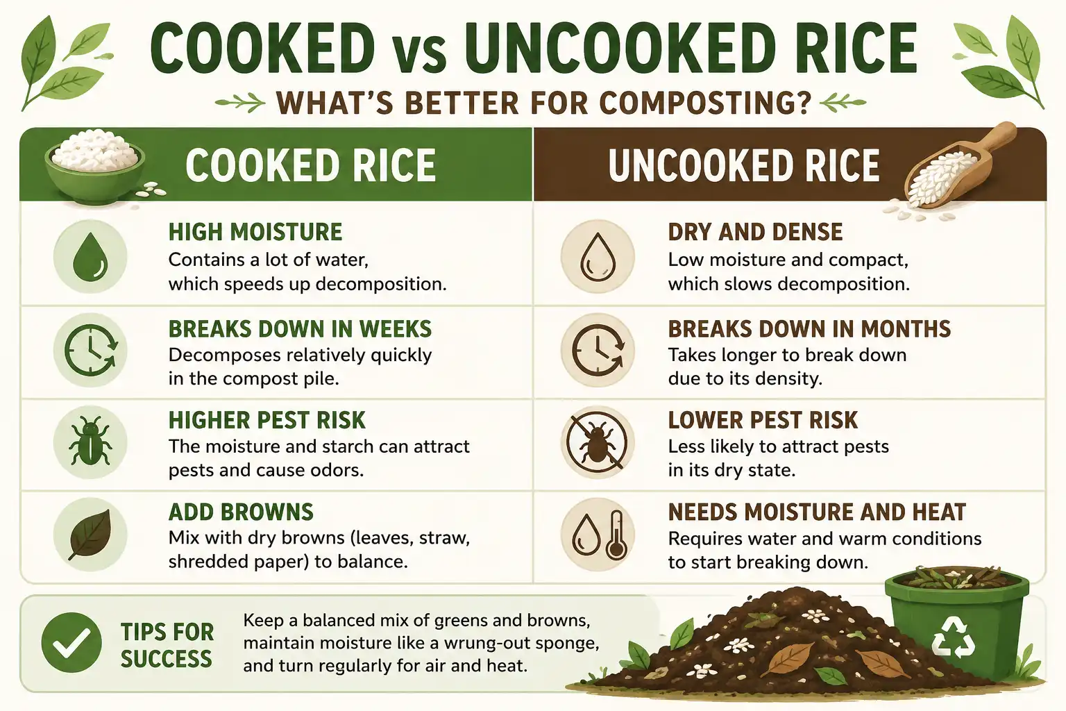 Chart comparing how cooked and uncooked rice break down in compost by moisture, speed, and pest risk