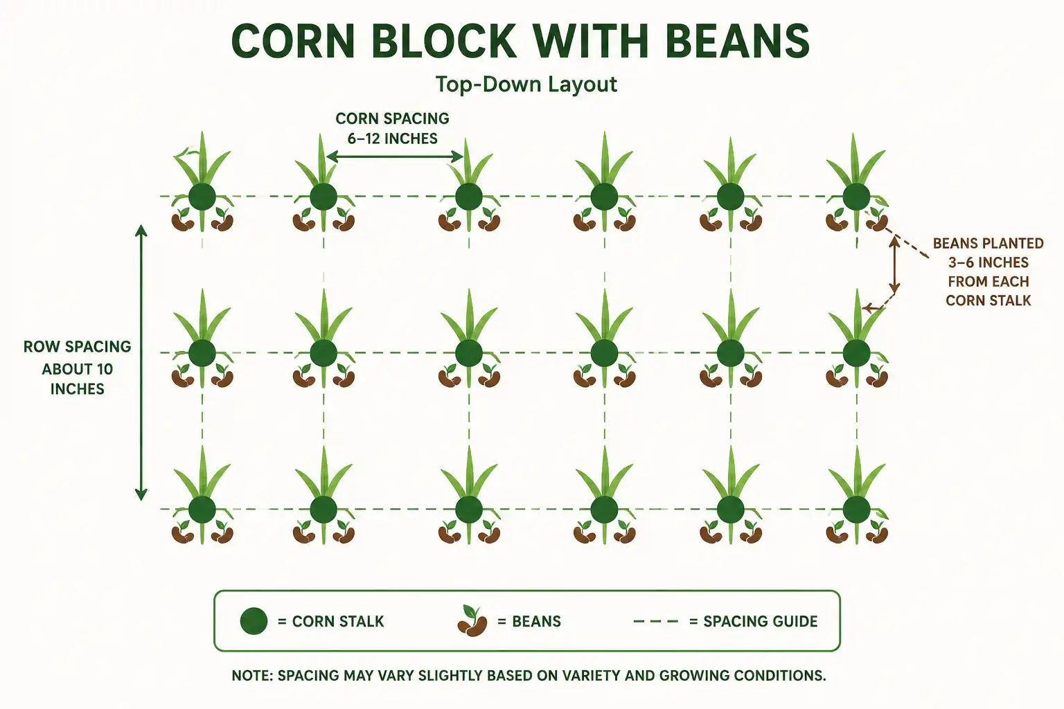 Infographic diagram about corn planted in a block with pole beans at the base of each stalk and spacing measurements