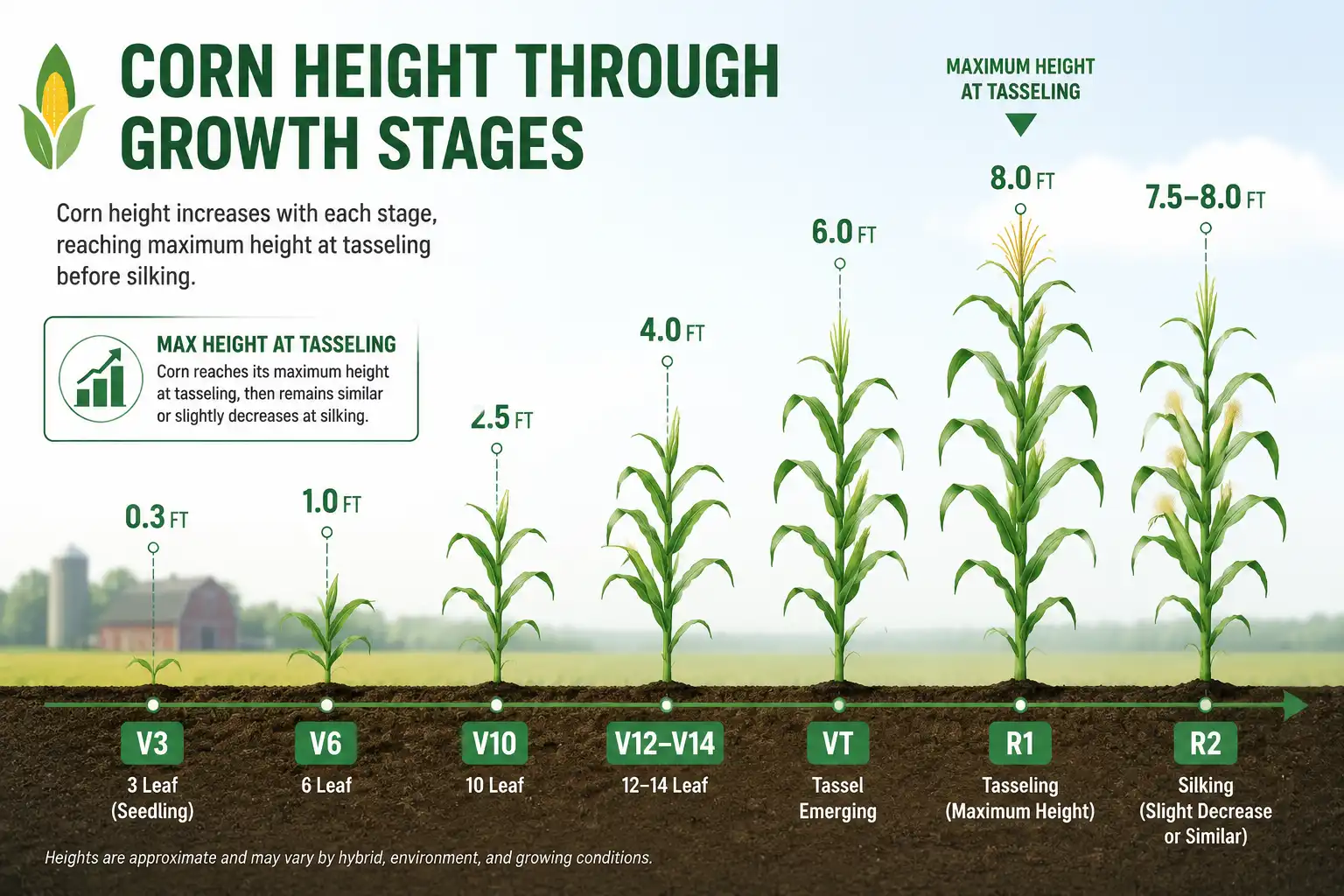 Corn reaches full height at tasseling, shown across growth stages from a V3 seedling to a mature tassel