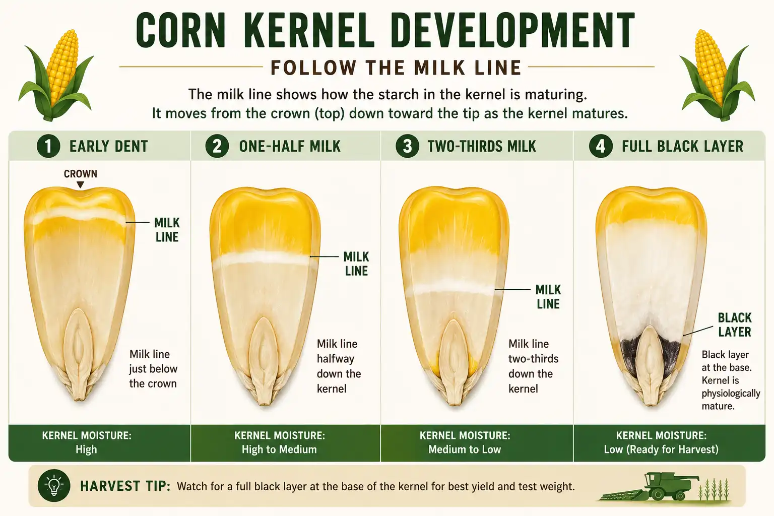 Corn kernel milk line moving down to the black layer that signals when field corn is mature