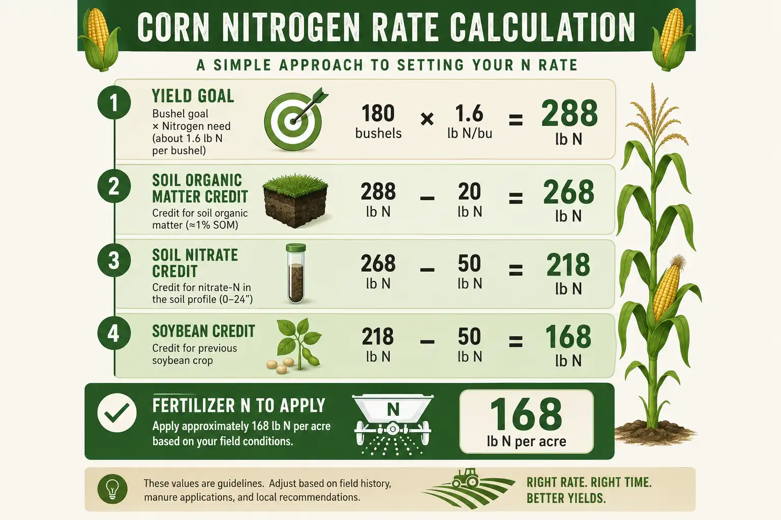 Corn nitrogen rate per acre calculated with the yield goal method from 288 down to 168 pounds