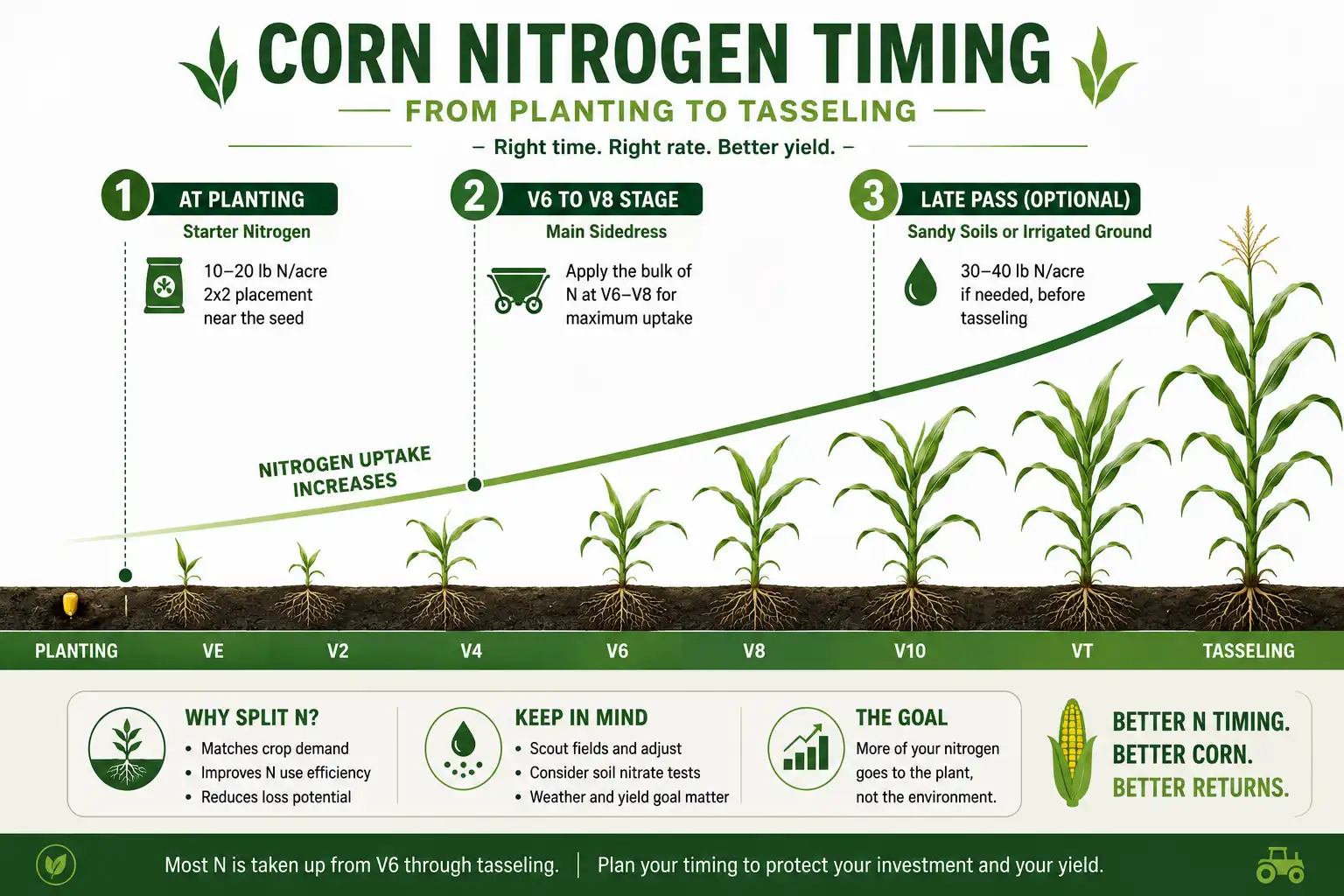 When to apply nitrogen to corn shown as a split timeline from planting starter to V6 sidedress