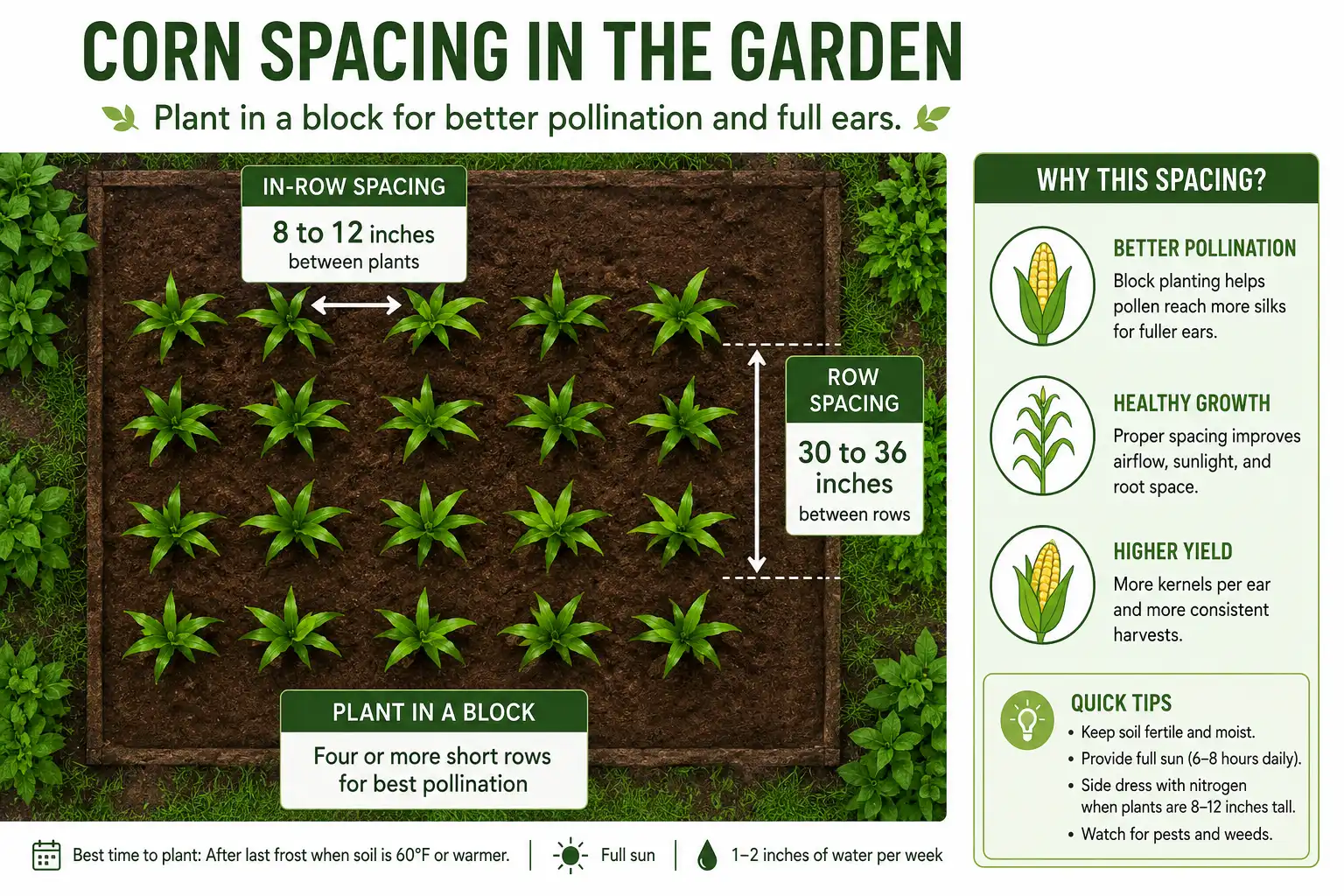 Diagram of corn spacing 8 to 12 inches apart in rows 30 to 36 inches apart in a pollination block
