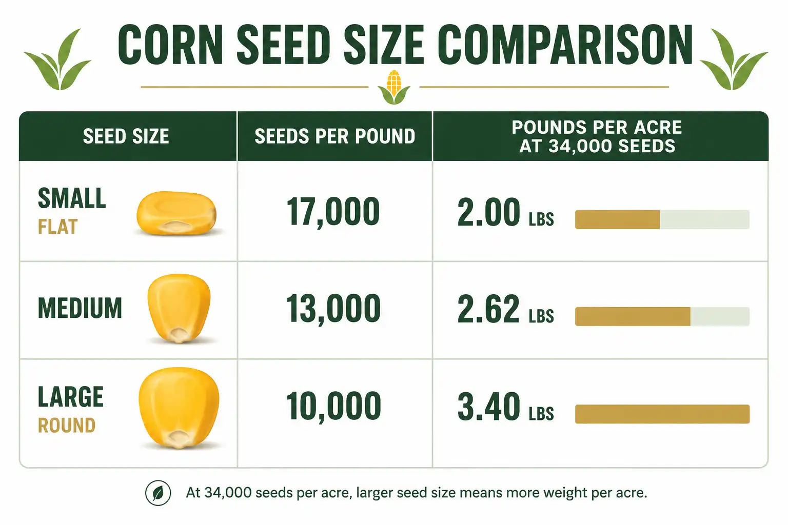 Chart of how corn seed size changes the seeding weight per acre at 34,000 seeds