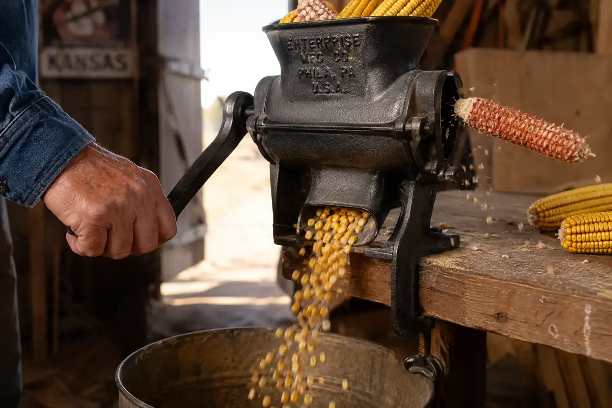 Hand crank corn sheller stripping kernels off dried corn cobs into a bucket