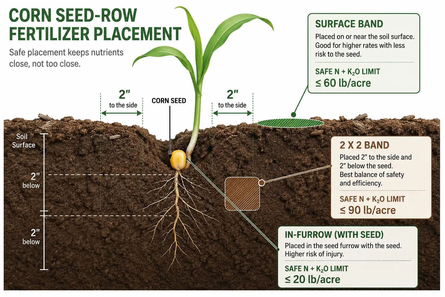 Diagram of corn starter fertilizer placement about a 2 by 2 band and seed-safe nitrogen and potash limits per acre.