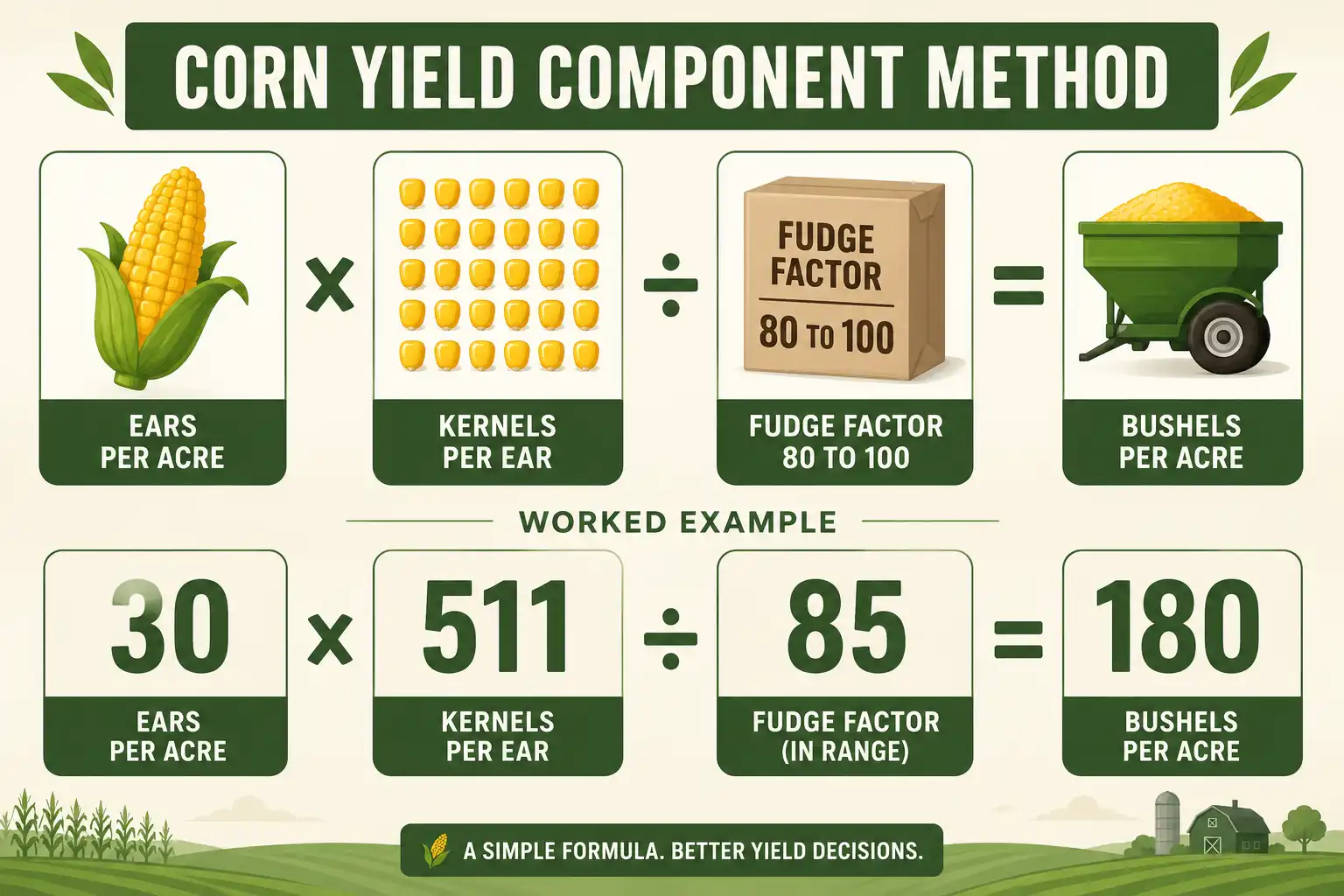 Corn yield estimation formula: ears times kernels per ear divided by a fudge factor equals bushels per acre.