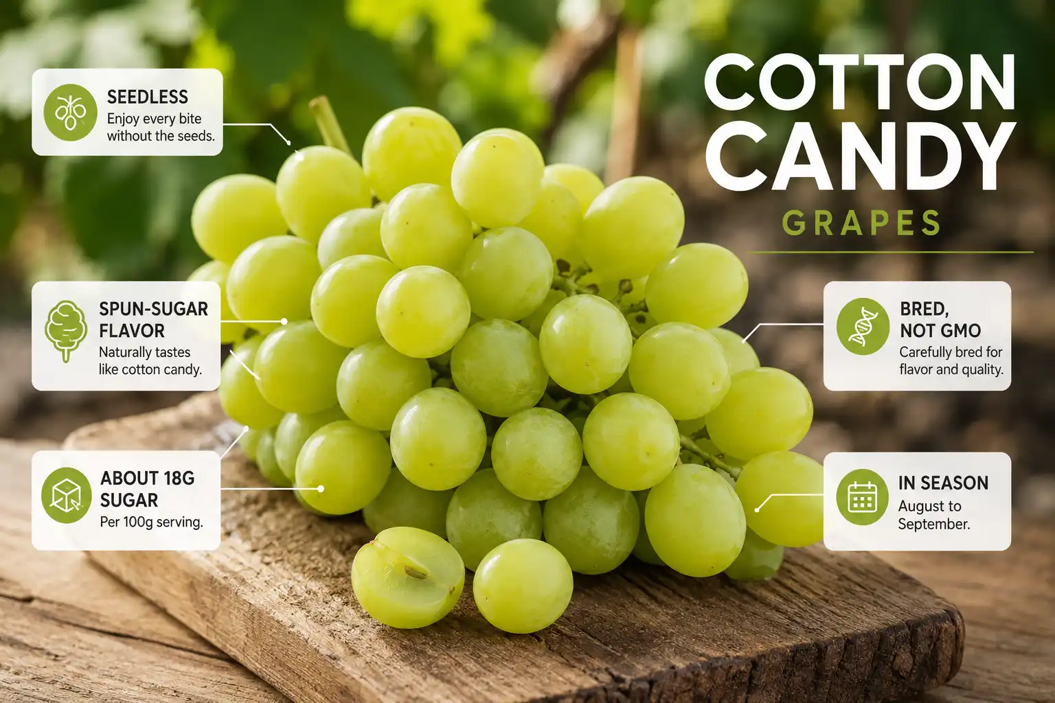 cotton candy grapes, a seedless green table grape bred to taste like spun sugar and in season in late summer