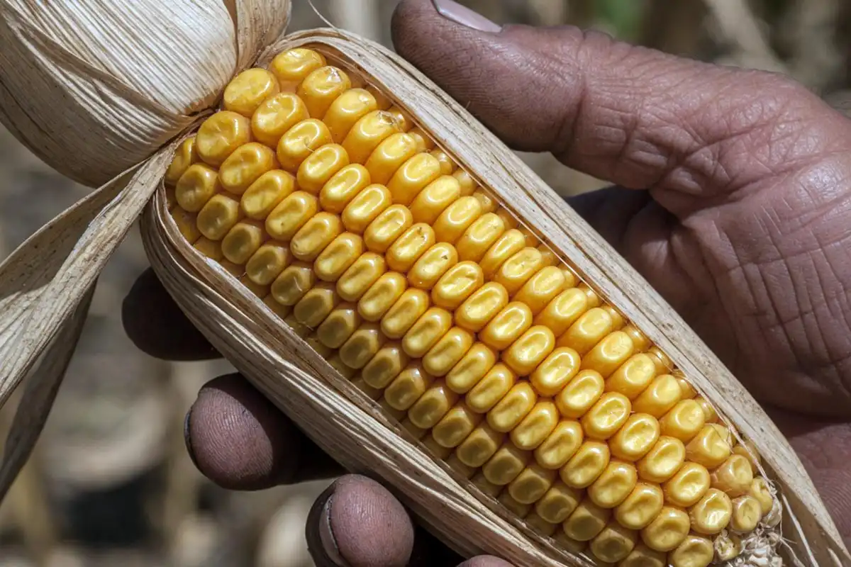 Close up of mature field corn ear of the dent on top of each hard yellow kernel
