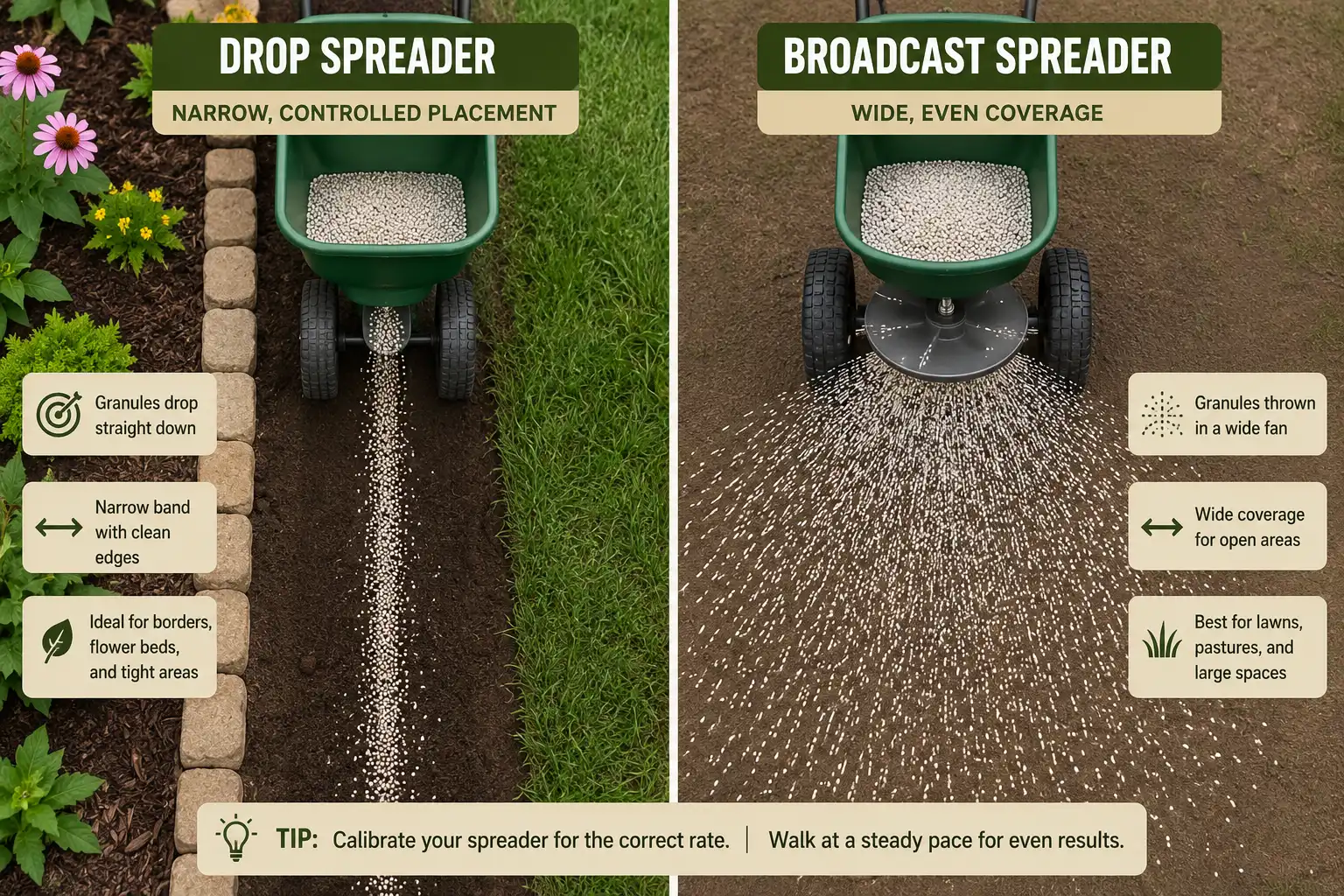 Drop spreader narrow precise band compared with broadcast spreader wide fan pattern