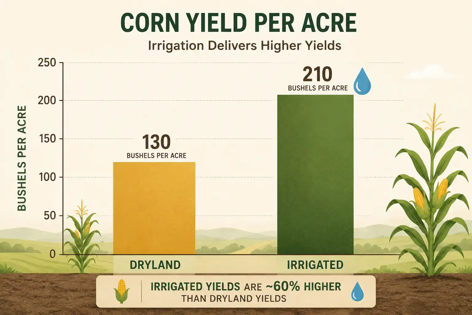 Bar comparison of dryland corn near 130 bushels versus irrigated corn near 210 bushels per acre.