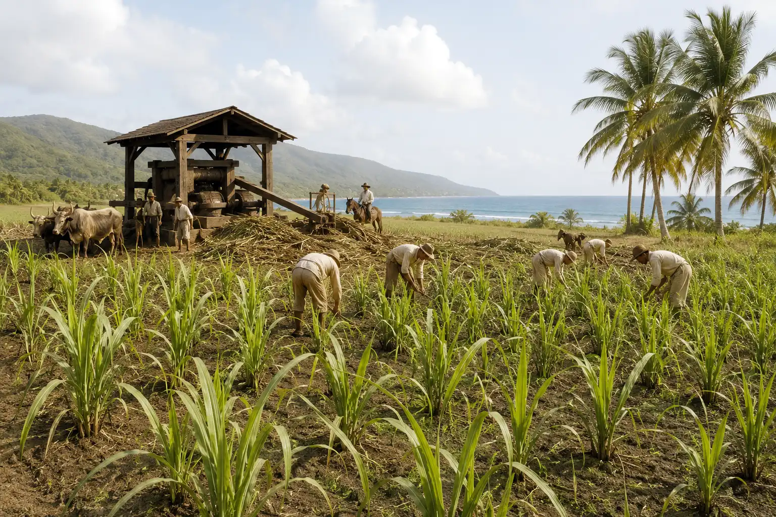 Early Caribbean sugarcane field with an ox-driven cane mill after Columbus introduced the crop in 1493.