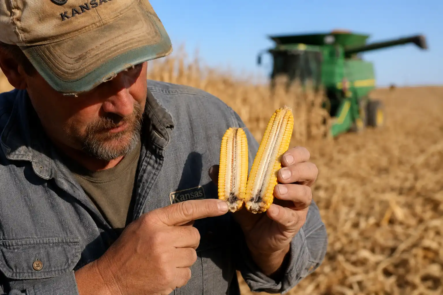 Kansas farmer splitting a corn ear to check black layer before harvesting field corn