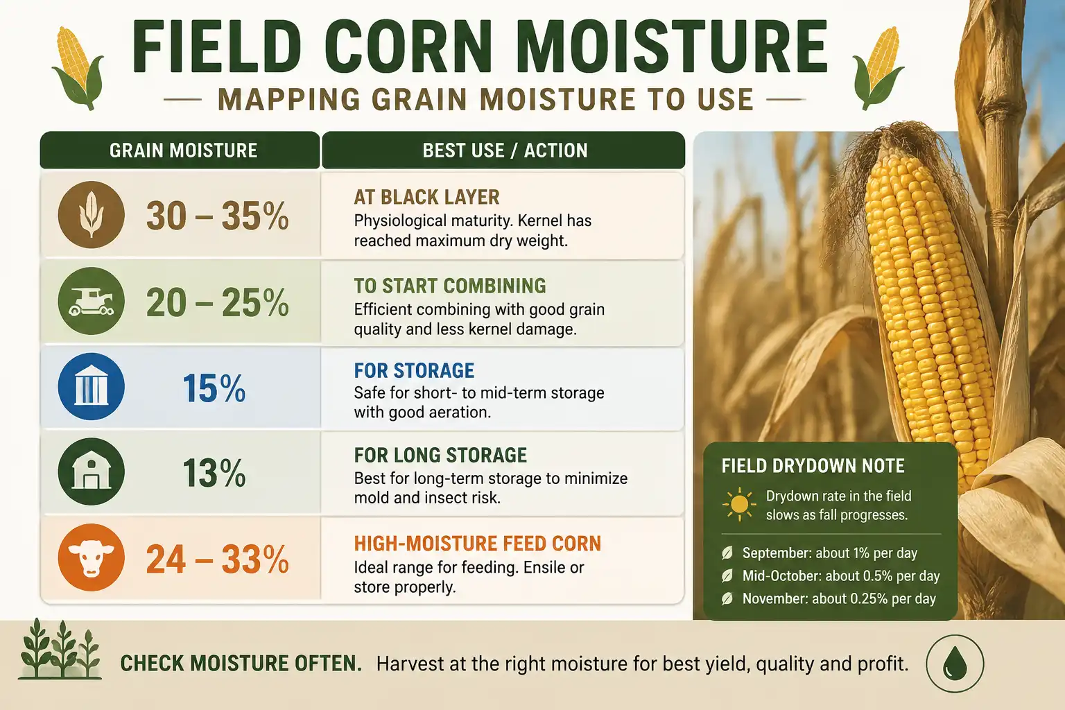 Field corn grain moisture targets from 30 to 35 percent at black layer down to 13 to 15 percent for storage