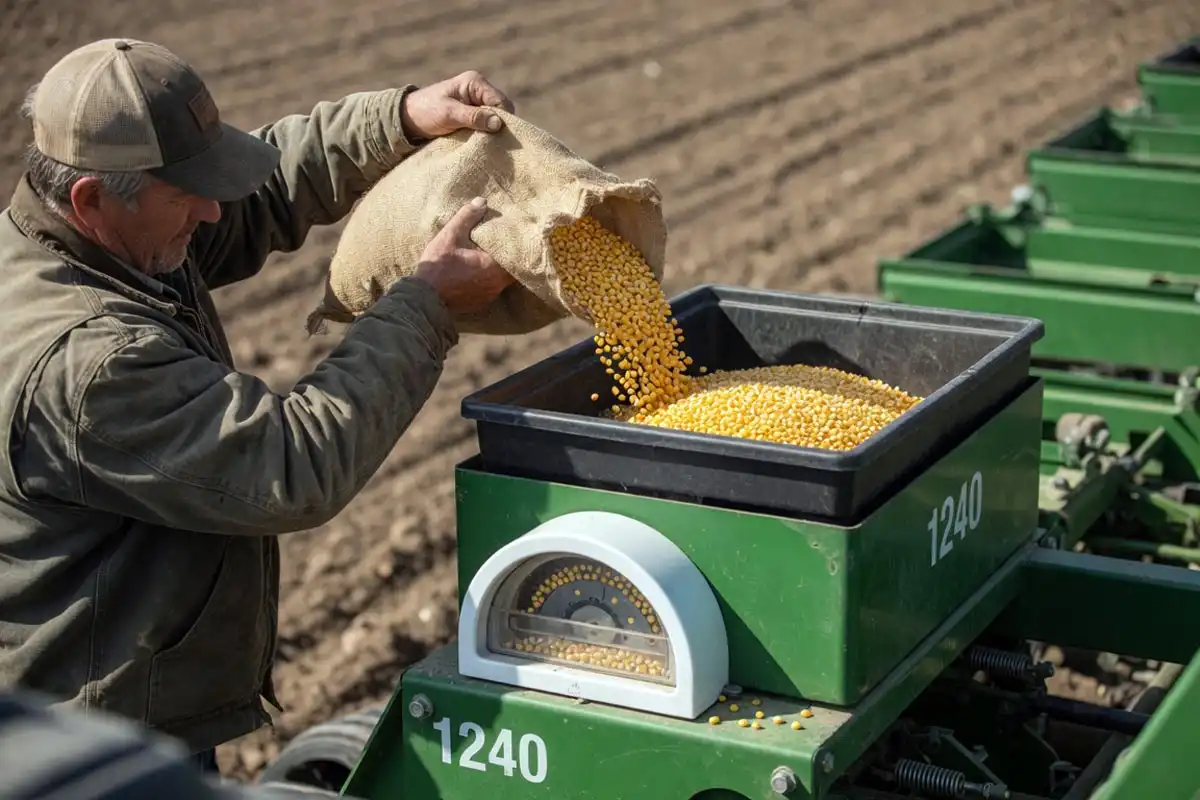 Farmer loading corn seed into a planter to set the seeding rate per acre