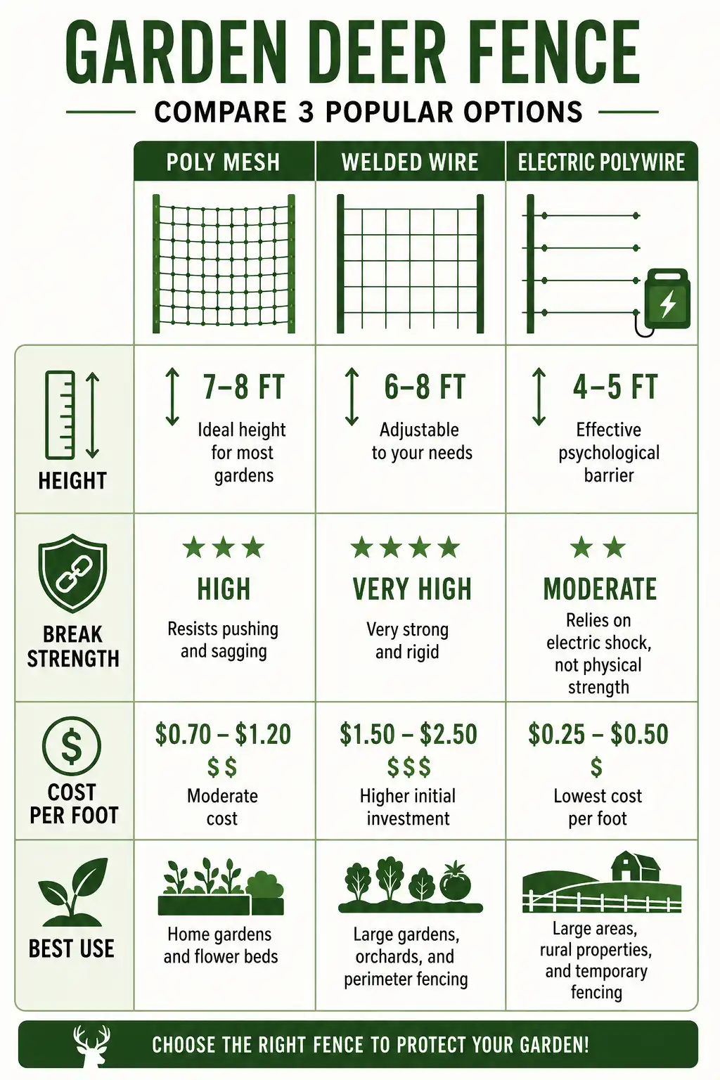 Infographic comparison of poly mesh, welded wire, and electric deer fencing for gardens by height, break strength, and cost