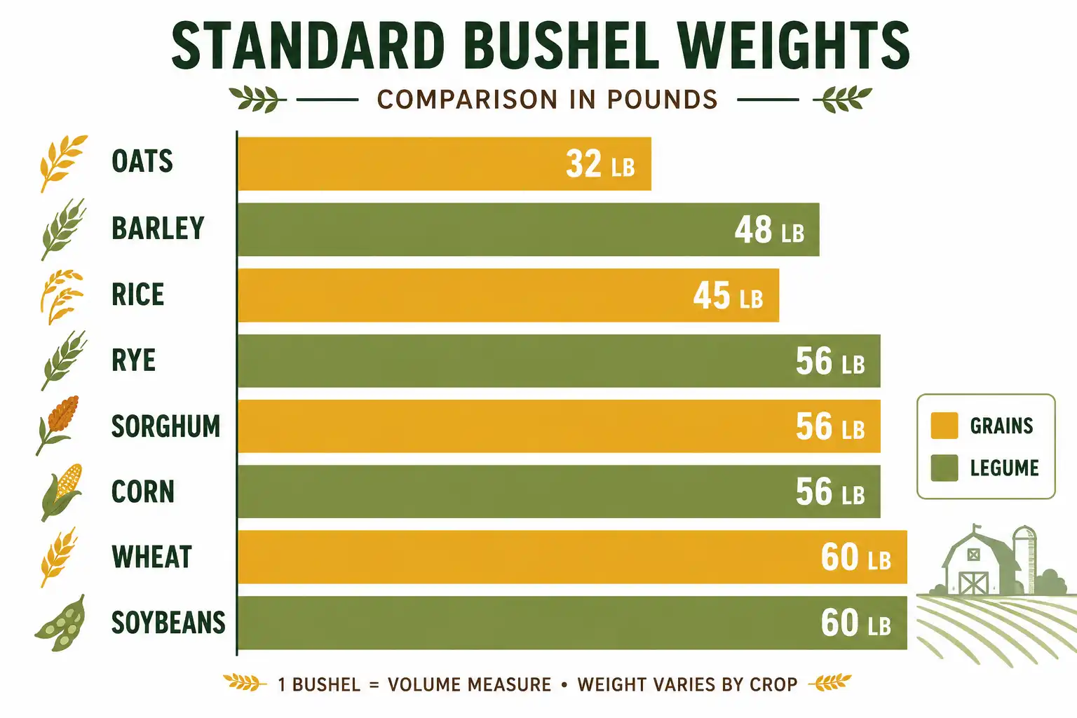 Bar chart comparison of bushel weights showing oats at 32 pounds versus corn, wheat, and soybeans.